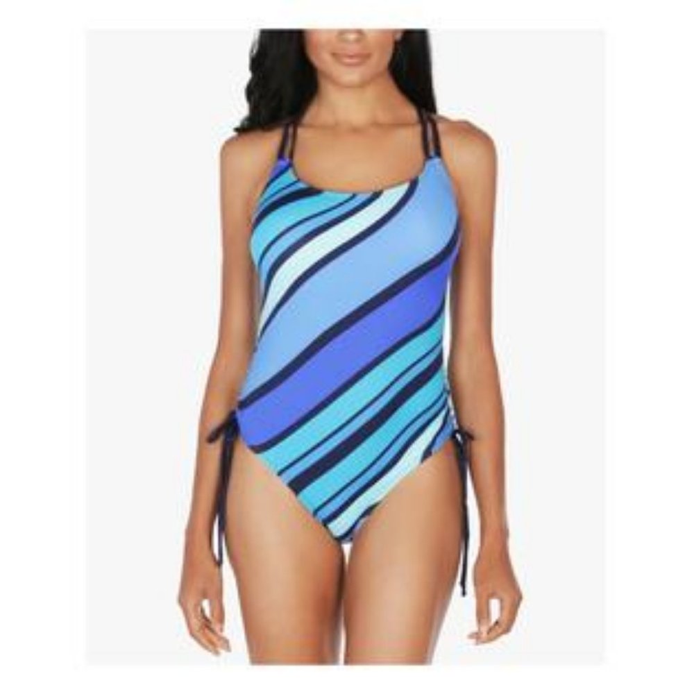Nautica Blue Striped Crisscross Back Cinched Side Tie One Piece Swimsuit NWT!